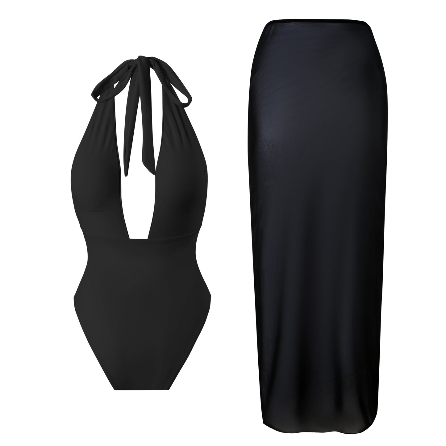 Womens Mesh Halter One Piece Swimsuit with Split Maxi Cover Up | noémi