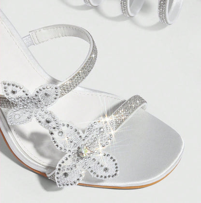 Rhinestone Floral Lace Up Heels | 11cm Stiletto | White & Pink Square Toe Sandals for Women | noémi