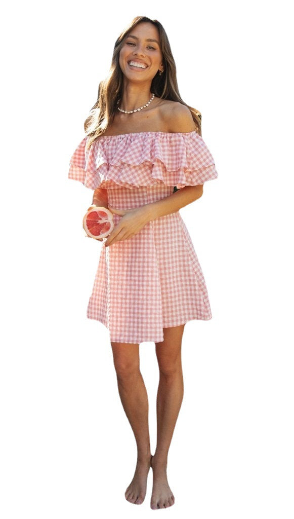 Womens Plaid Off Shoulder Ruffled Dress | noémi