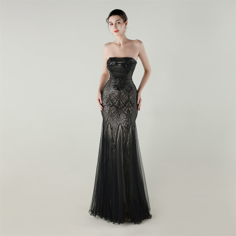 Strapless Beaded Sequin Mesh Dress | Cross Strap Floral Cocktail | noémi