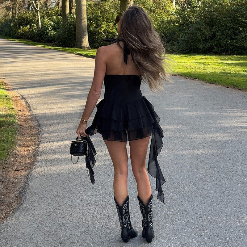 Halter Romper | Deep V Plunge, Ruffled Hem, Backless | noémi