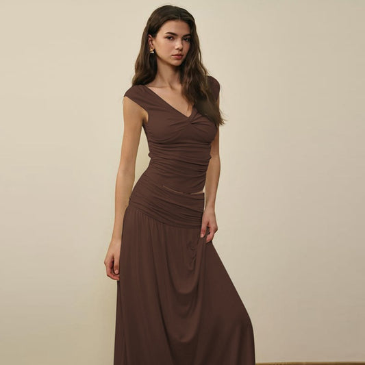 Two Piece Set | V Neck Twist Top & High Waist Pleated Skirt | noémi