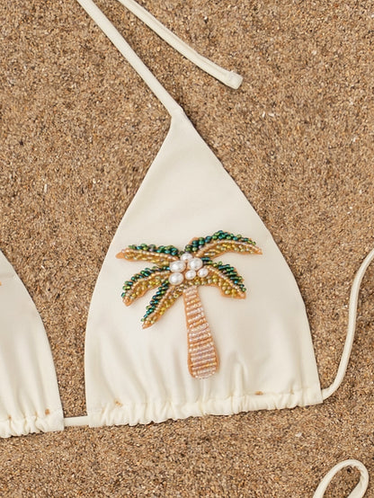 White Palm Tree Embroidered Bikini Set | Triangle Tie Top & Tie Side Bottoms | noémi