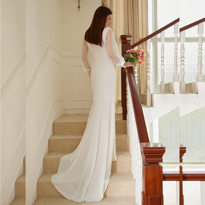 Slim Fit V Neck Dress | Long Sleeve Small Train | Cocktail Gown | noémi