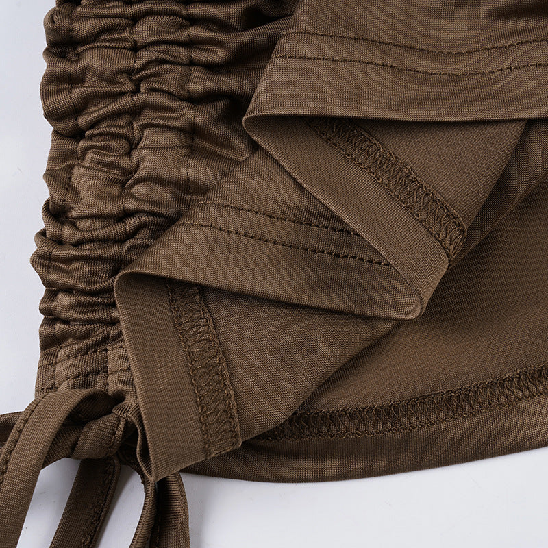 Beaded Halter Mini Dress | Backless Drawstring Bodycon | Chocolate Brown Cutout | noémi