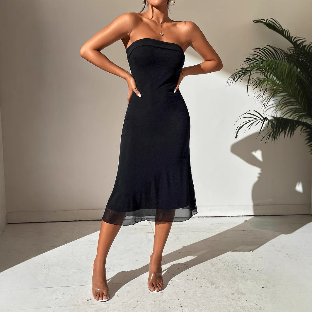 Womens Sleeveless Tube Dress with Cinched Waist and Double Layer Mesh | noémi