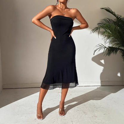 Womens Sleeveless Tube Dress with Cinched Waist and Double Layer Mesh | noémi