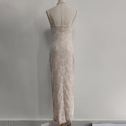 Pearl Embellished White Midi Dress | Strapless Cutout Gown with Beaded Detail | noémi