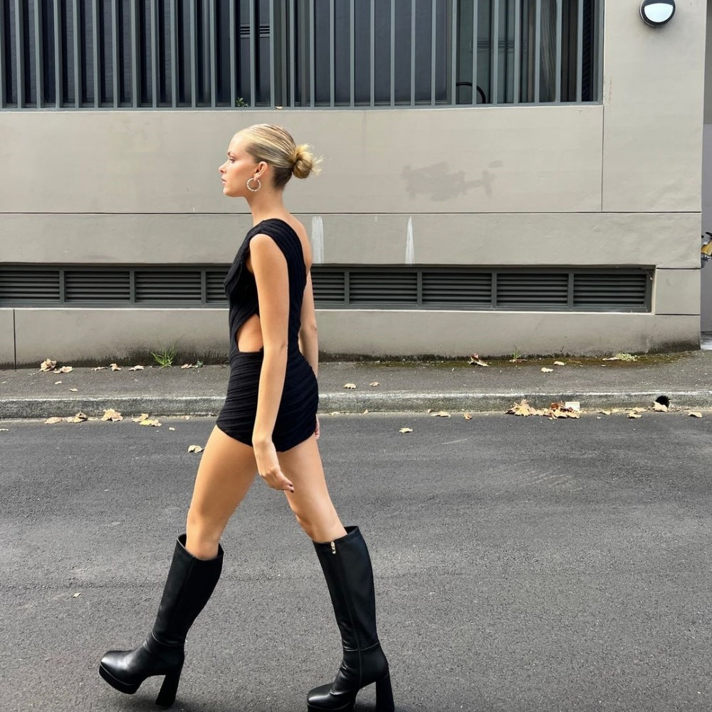 Womens Knitted Dress with Shoulder Cutout and Stitch Detailing | noémi