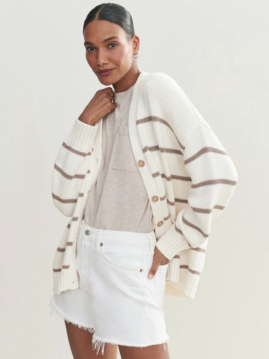 Striped Knit Cardigan for Women | Cozy V Neck Button Up Sweater | Cotton | noémi
