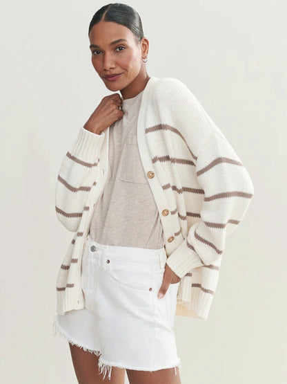 Striped Knit Cardigan for Women | Cozy V Neck Button Up Sweater | Cotton | noémi