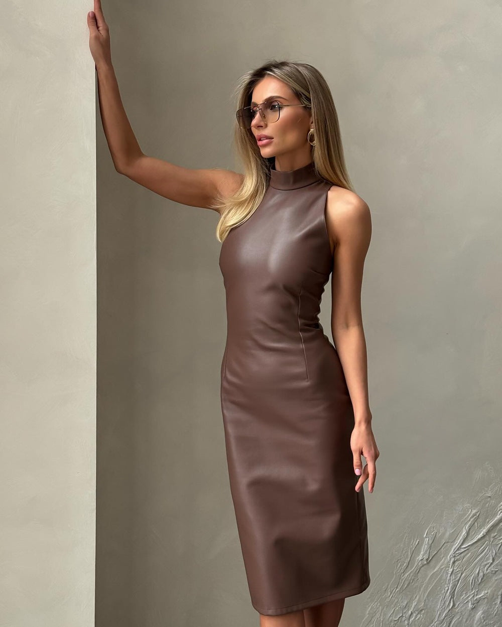 Sleeveless | Stand Collar | Side Split | Slim Fit | Faux Leather Dress | noémi
