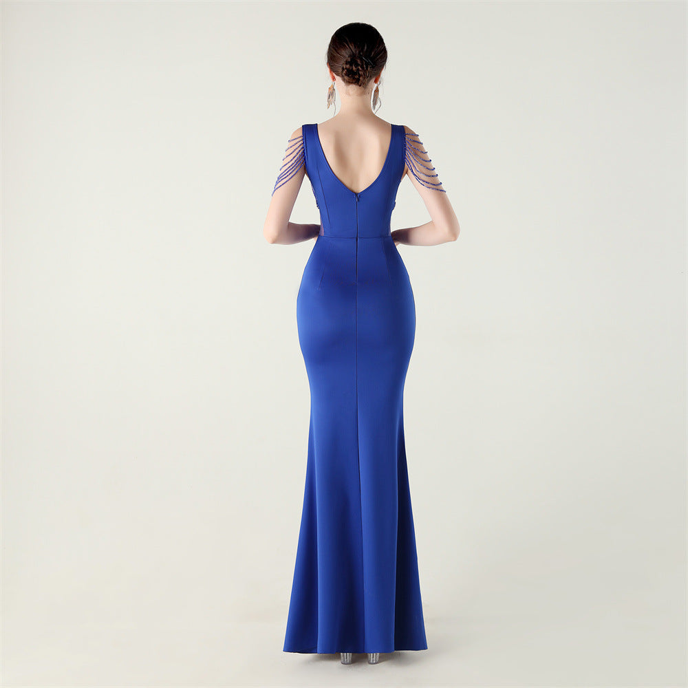 Deep V Plunge Beaded Evening Dress | Slim Fit Gown | noémi