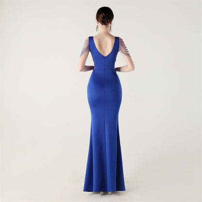 Deep V Plunge Beaded Evening Dress | Slim Fit Gown | noémi