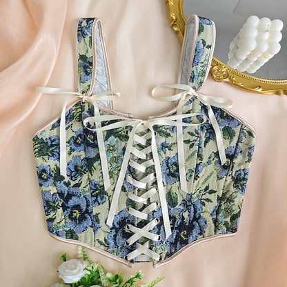 Printed Lace Up Corset Top | Floral Wide Strap Vest | noémi