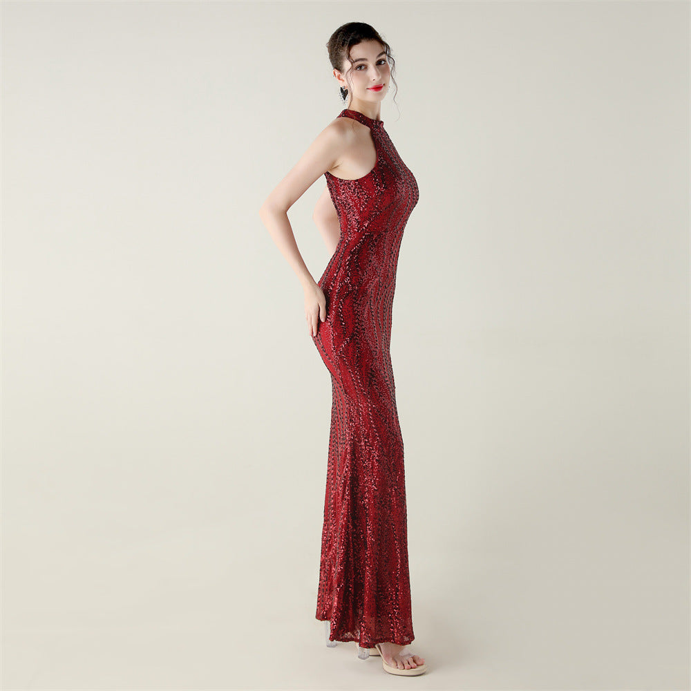 Womens Beaded Sequin Mesh Dress | Strapless Fishtail Maxi Dress | noémi