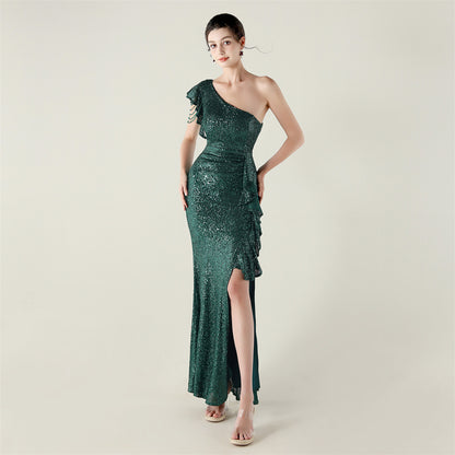 One Shoulder Ruffle Sequin Dress | noémi