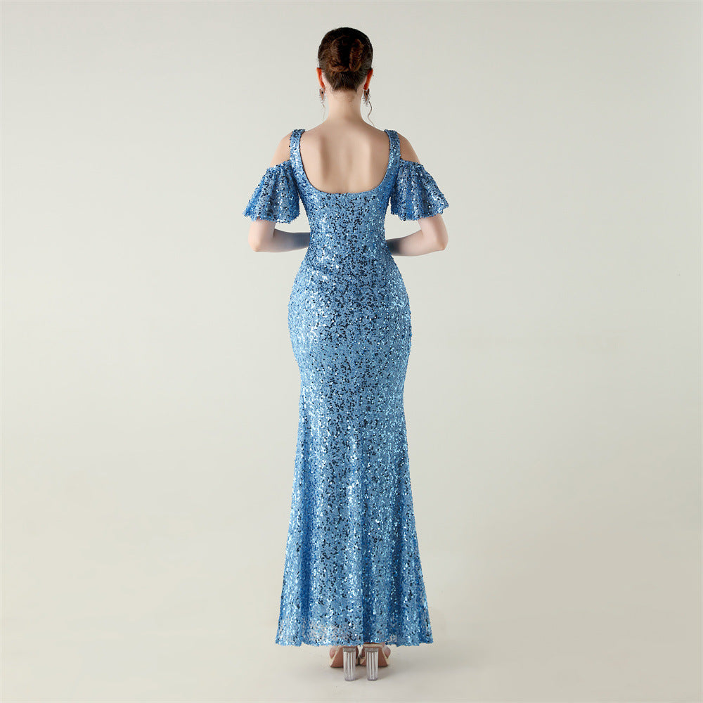 Sequin Dress | Floor Length Cold Shoulder Dress with Side Slit | Deep VPlunge High Slit Fishtail Dress Cocktail | noémi
