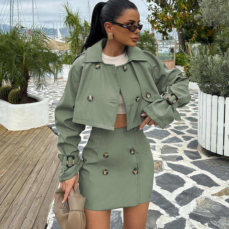Womens Cropped Trench Coat Set | Chic Button Up Jacket & Mini Skirt Co ord | noémi