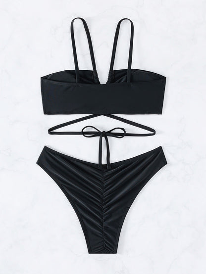 Solid Color Split Bikini with Hollow Cutout and Tie Detail | noémi