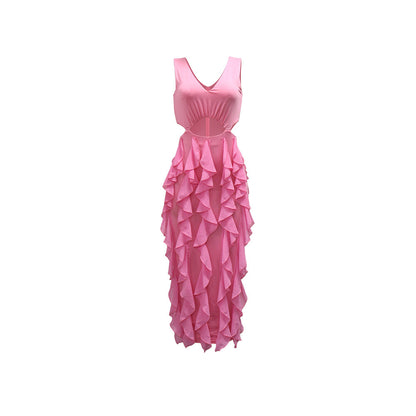 V Neck Sleeveless Cut Out Dress | Ruffled Hem Thigh High Split | noémi