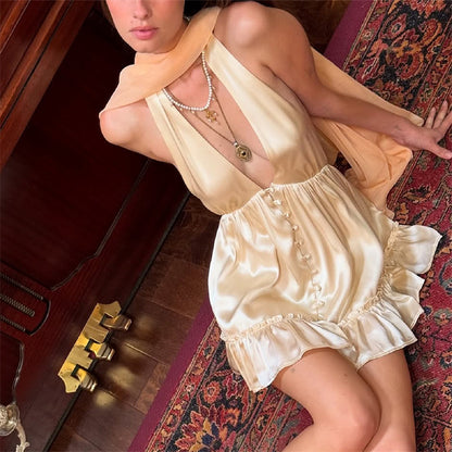 Womens Satin Halter Dress with Deep V Backless Design Slim Fit | noémi