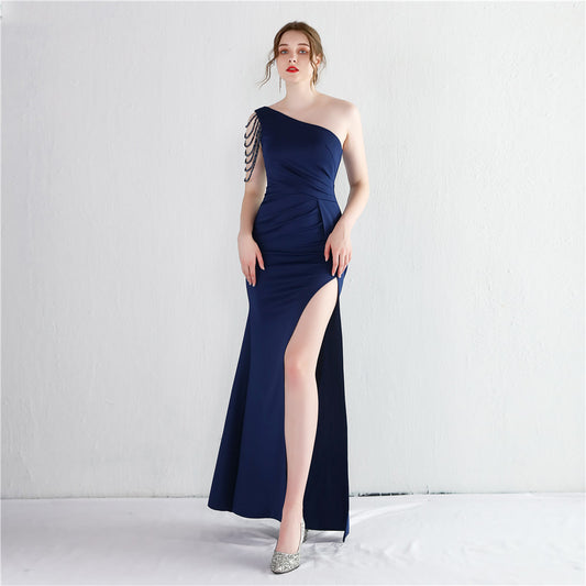 Satin Beaded One Shoulder Fishtail Gown | Slim Fit Slit Maxi Dress | noémi