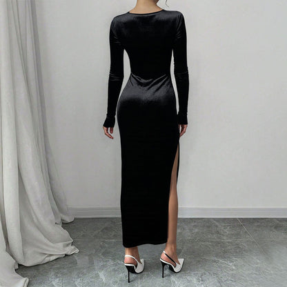 Womens Black Velvet Bodycon Gown | Long Sleeve Maxi Dress with Square Neck & Thigh High Slit | noémi