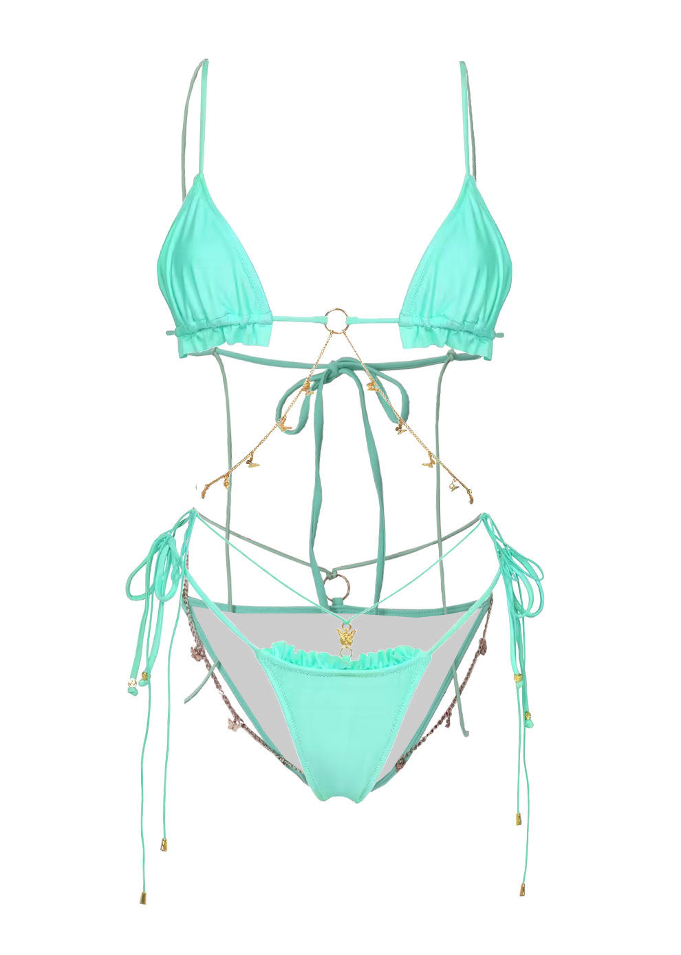 Solid Color Ruffle Chain Strap Three Piece Split Bikini Swimsuit | noémi