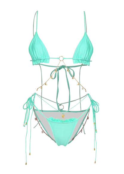 Solid Color Ruffle Chain Strap Three Piece Split Bikini Swimsuit | noémi