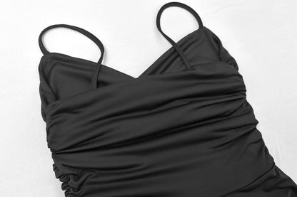 Tube Top Suspender Dress with Deep V Neck and Ruffle Detail | noémi