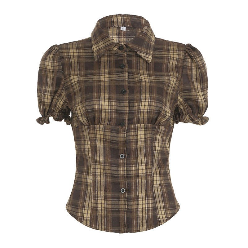 Plaid Puff Sleeve Blouse & Ruffle Mini Skirt Set | Brown Checkered Two Piece Outfit | noémi
