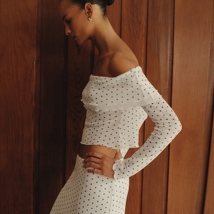 Fall Off Shoulder Knit Two Piece Set | Polka Dot Crop Top & Low Waist Midi Skirt | noémi