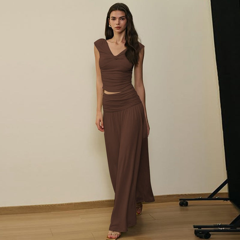 Two Piece Set | V Neck Twist Top & High Waist Pleated Skirt | noémi