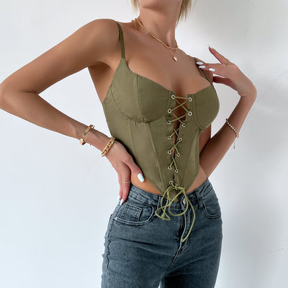 Slim Lace Up Corset Top with Boning & Button Detail | noémi