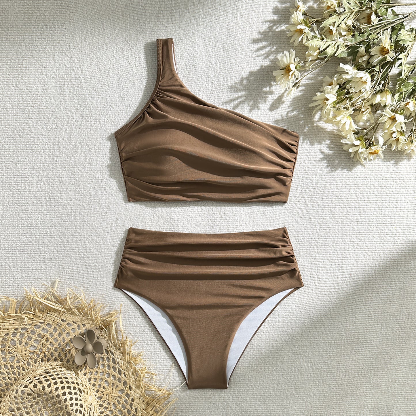 High Waist One Shoulder Pleated Solid Color Bikini Set | noémi