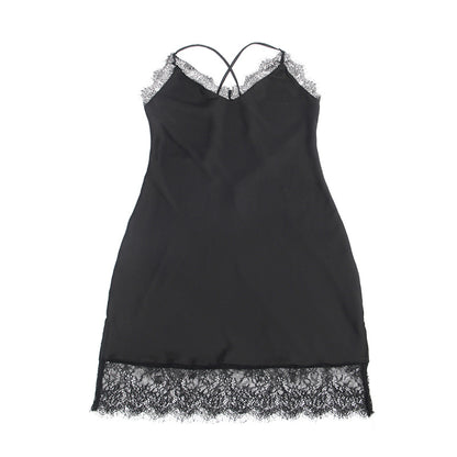 Womens Silk Satin Lace Trim Sleepwear | Black V Neck Nightdress, Adjustable Straps | noémi