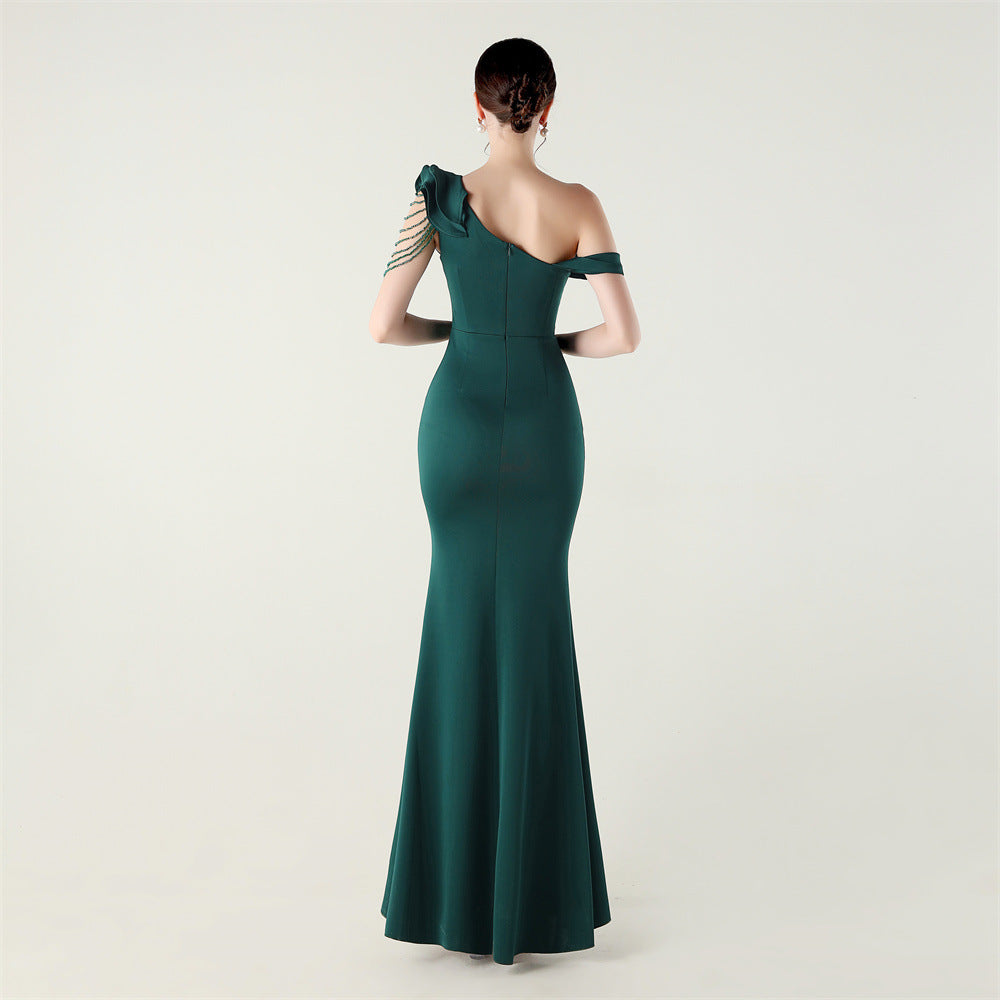 Ruffled One Shoulder Satin Gown with Beaded Chains | Slim Fit Fishtail Dress | noémi