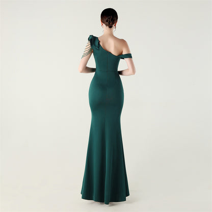 Ruffled One Shoulder Satin Gown with Beaded Chains | Slim Fit Fishtail Dress | noémi