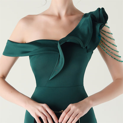 Ruffled One Shoulder Satin Gown with Beaded Chains | Slim Fit Fishtail Dress | noémi