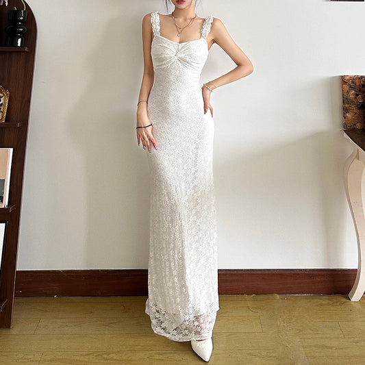 Solid Color High Waist Maxi Dress with Suspenders and Slim Fit | noémi