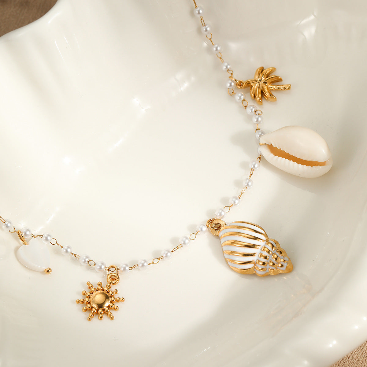Marine Charm Pearl Necklace | Gold Stainless Steel Conch & Shell Pendant Choker | noémi