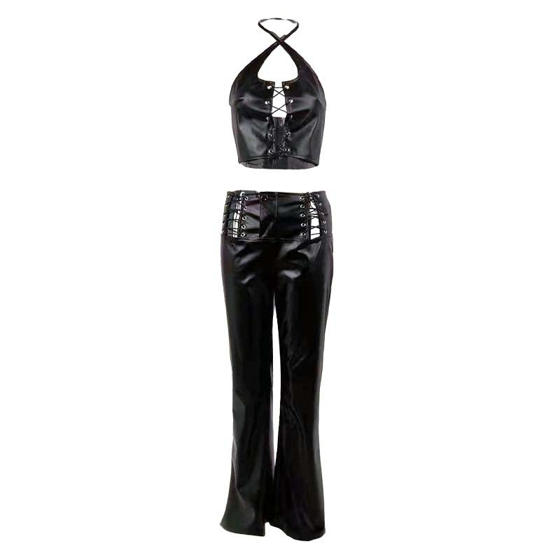 Halter Strap Vest High Waist Faux Leather Trousers | Womens Two Piece Set | noémi