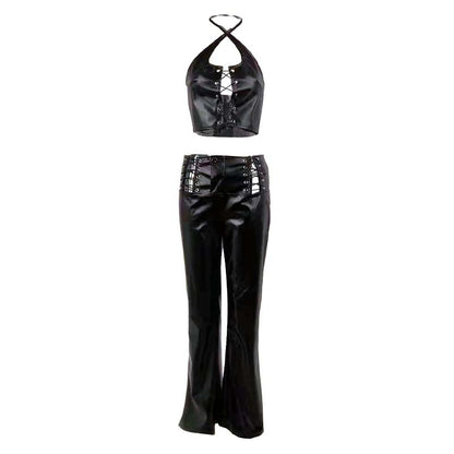 Halter Strap Vest High Waist Faux Leather Trousers | Womens Two Piece Set | noémi