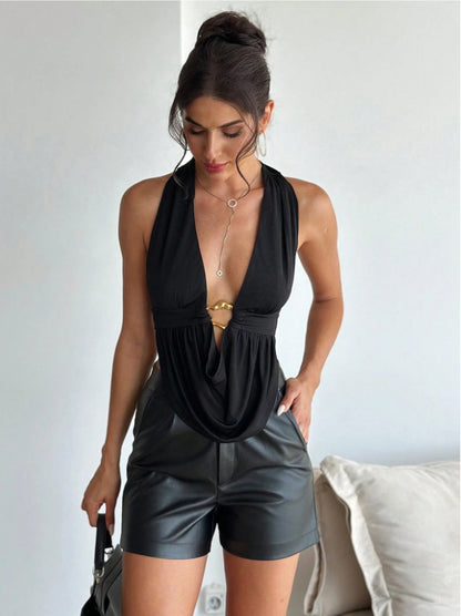 Plunge Halter Ring Top | Deep V Backless Tie Top | noémi