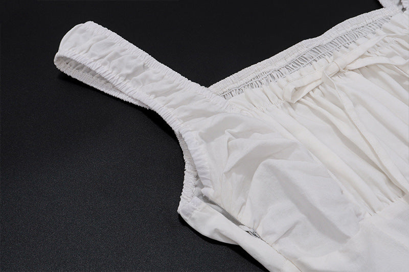 White Corset Midi Sundress | Ruffle Trim Sleeveless Dress with Smocked Back | noémi