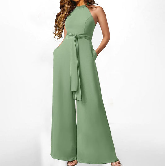 Sage Green Sleeveless Halter Jumpsuit | High Waist Wide Leg Summer Outfit  | noémi