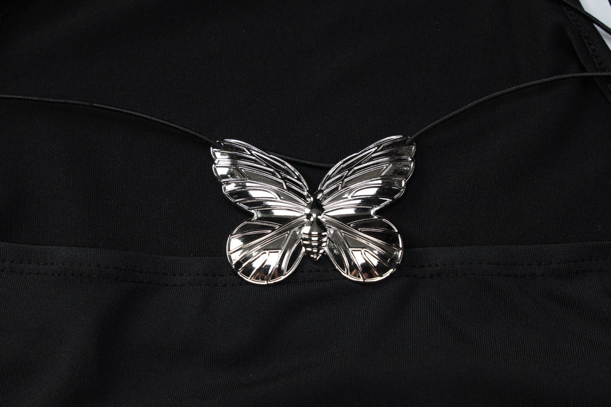 Womens Cutout Mini Dress with Butterfly Metal Detail and Backless Design | noémi