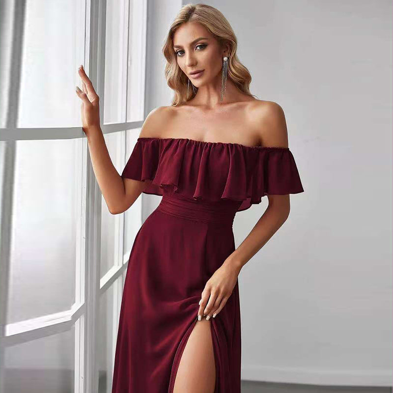 Off Shoulder Burgundy Chiffon Maxi Dress with High Slit | Cocktail Dress for Women | noémi
