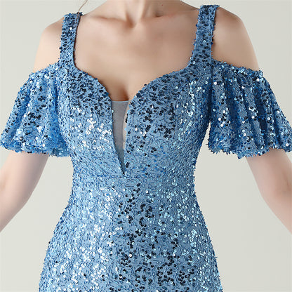 Sequin Dress | Floor Length Cold Shoulder Dress with Side Slit | Deep VPlunge High Slit Fishtail Dress Cocktail | noémi